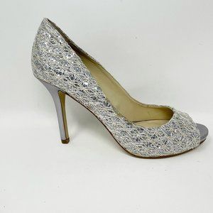 Enzo Angiolini Womens Silver Textile Upper Stiletto Peep toe Slip on Pump 7.5